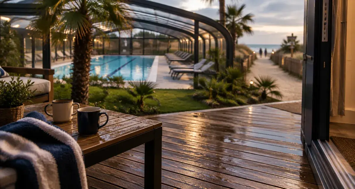 Meilleurs camping de France : piscine couverte et accès plage, terrasse de mobil-home premium
