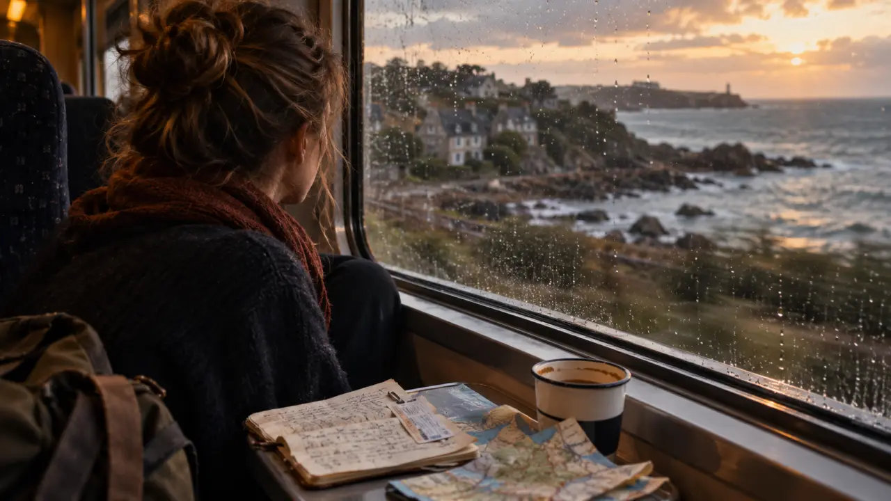 Ou partir seule en France : femme voyageuse en train, carte de Bretagne